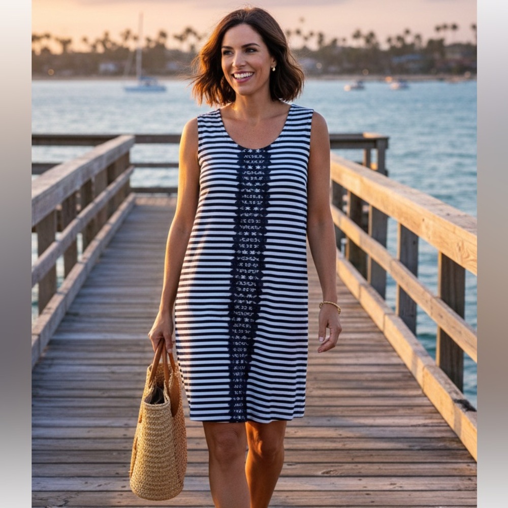 $90 NWT Alfani Navy White Stripe Sleeveless Crochet Mini Dress Size M